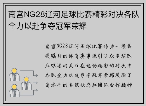南宫NG28辽河足球比赛精彩对决各队全力以赴争夺冠军荣耀