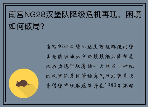 南宫NG28汉堡队降级危机再现，困境如何破局？