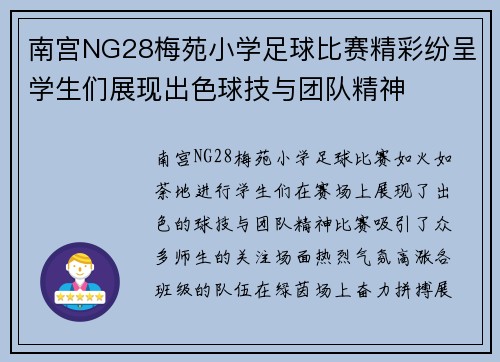 南宫NG28梅苑小学足球比赛精彩纷呈学生们展现出色球技与团队精神