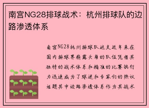 南宫NG28排球战术：杭州排球队的边路渗透体系